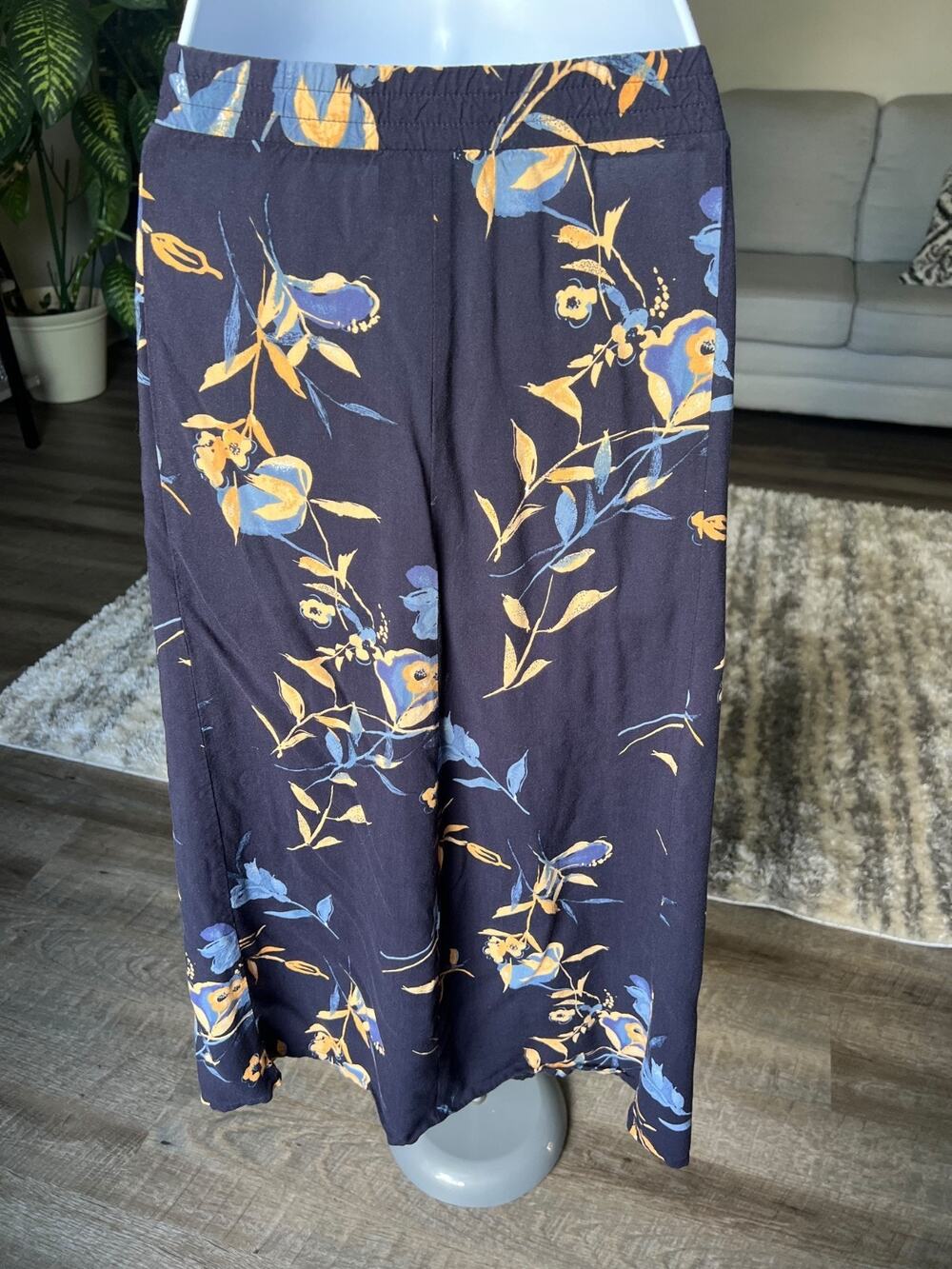 Sag Harbor Navy Blue Floral Button Front Rayon Midi Skirt Plus Size Large #879
